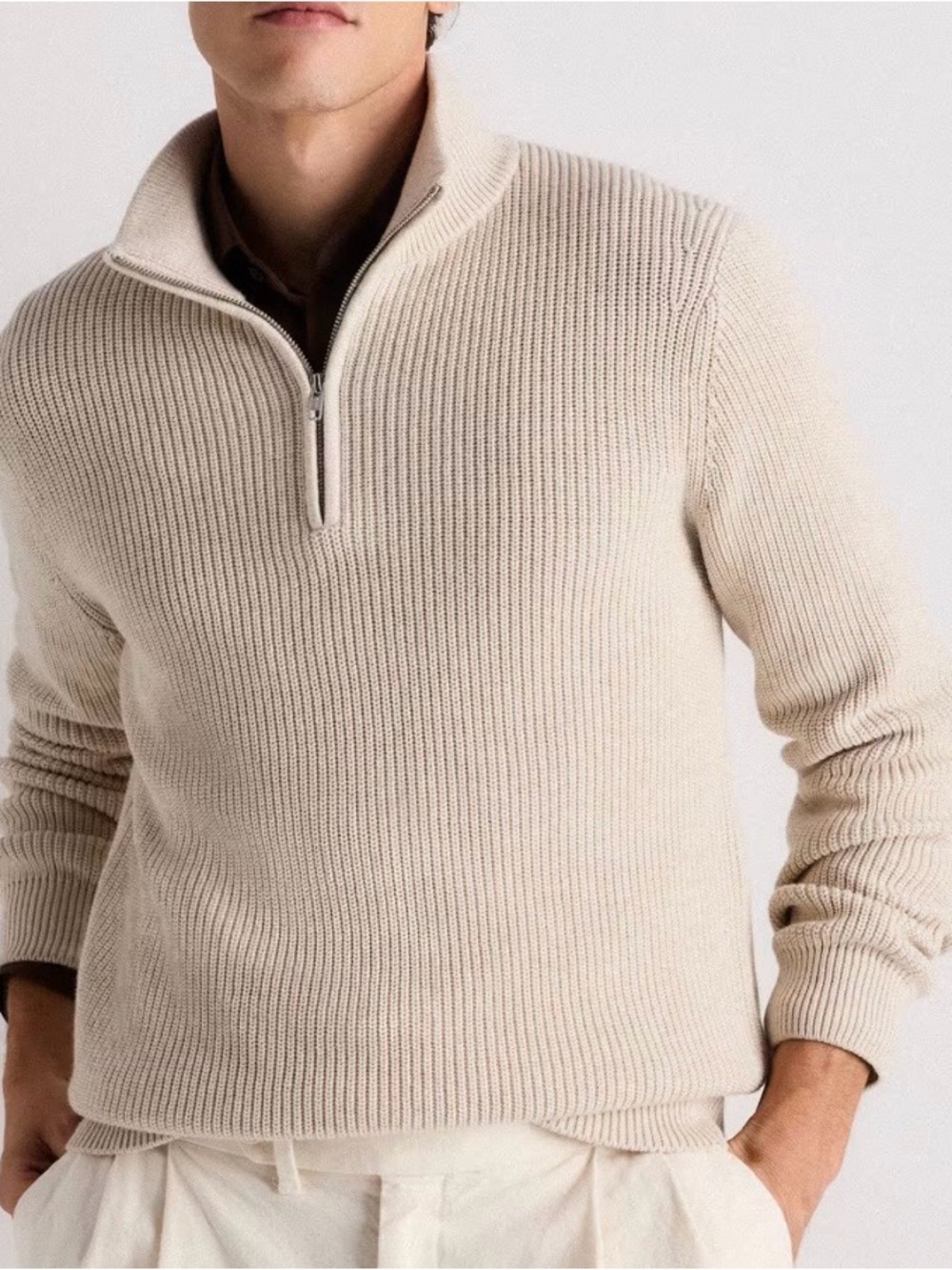 Quince Organic Cotton Ribbed Quarter-Zip Sweater Mens XL Beige Fisherman sweater